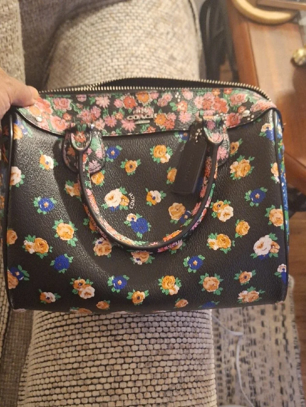 Coach Black Floral Leather Satchel with Pink and Orange Blooms